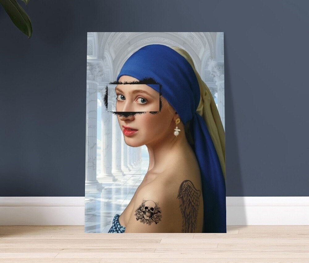 Girl With A Pearl Earring, Altered Art Print, Tattoo Girl, Colourful Collage Print, Eclectic Gift Idea, Funky Wall Art, Quirky Home Decor