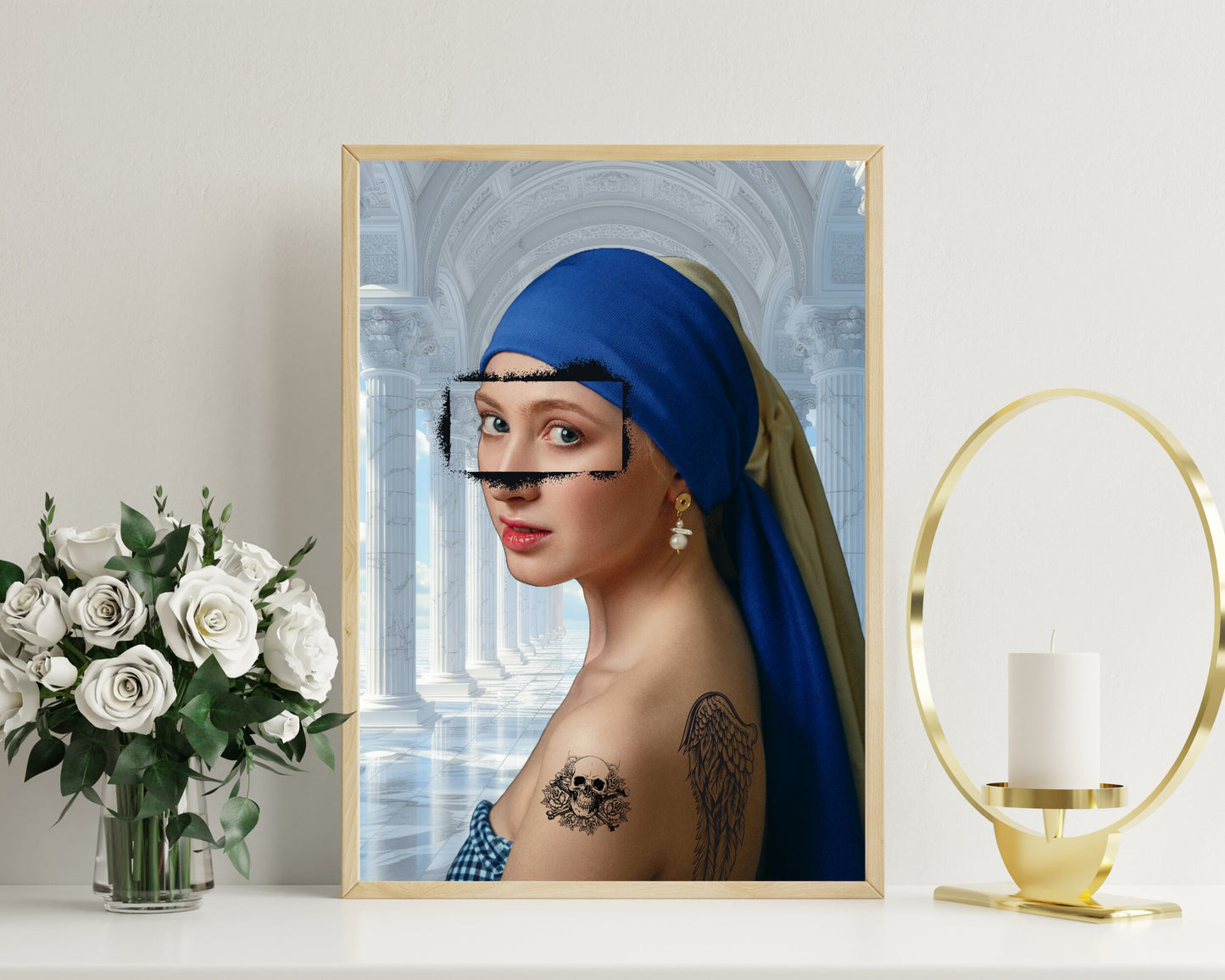 Girl With A Pearl Earring, Altered Art Print, Tattoo Girl, Colourful Collage Print, Eclectic Gift Idea, Funky Wall Art, Quirky Home Decor