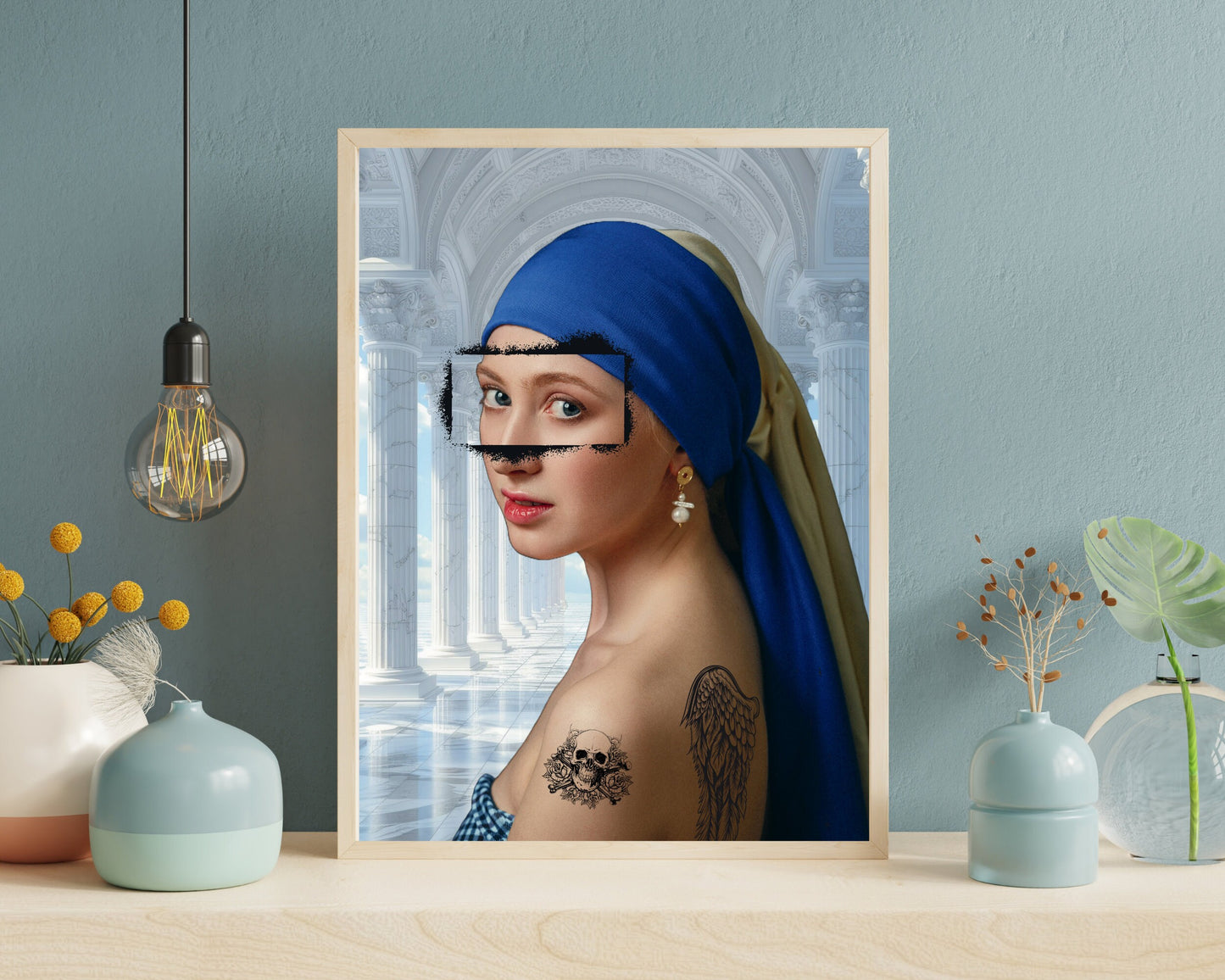 Girl With A Pearl Earring, Altered Art Print, Tattoo Girl, Colourful Collage Print, Eclectic Gift Idea, Funky Wall Art, Quirky Home Decor