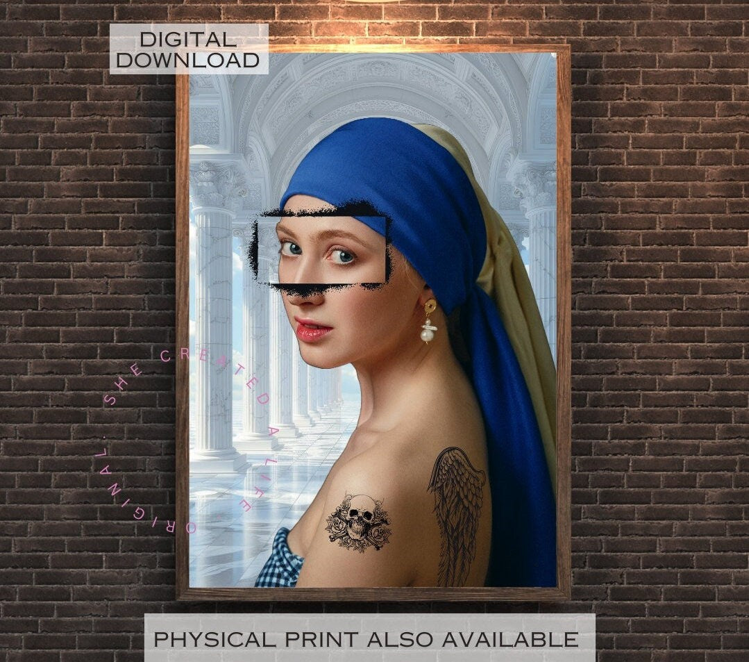 Girl With A Pearl Earring, Altered Art Print, Tattoo Girl, Colourful Collage Print, Eclectic Gift Idea, Funky Wall Art, Quirky Home Decor
