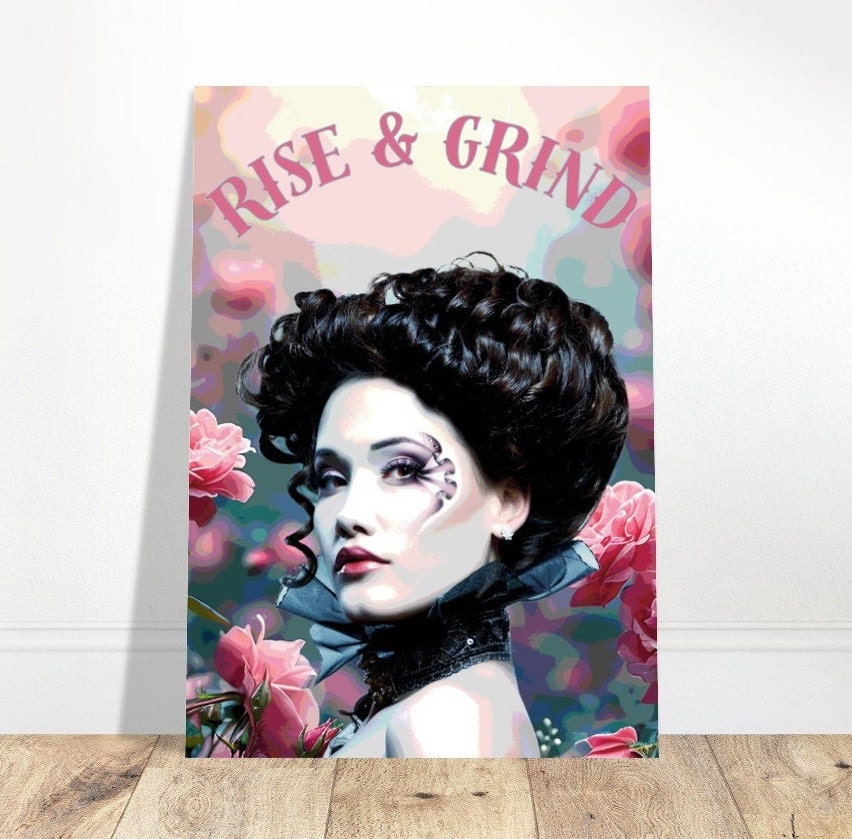 Rise and Grind,  Pink Roses Tattoo, Tattooed Woman Art, Feminist Poster, Girl Power, Eclectic Gift Idea, Funky Wall Art, Quirky Home Decor