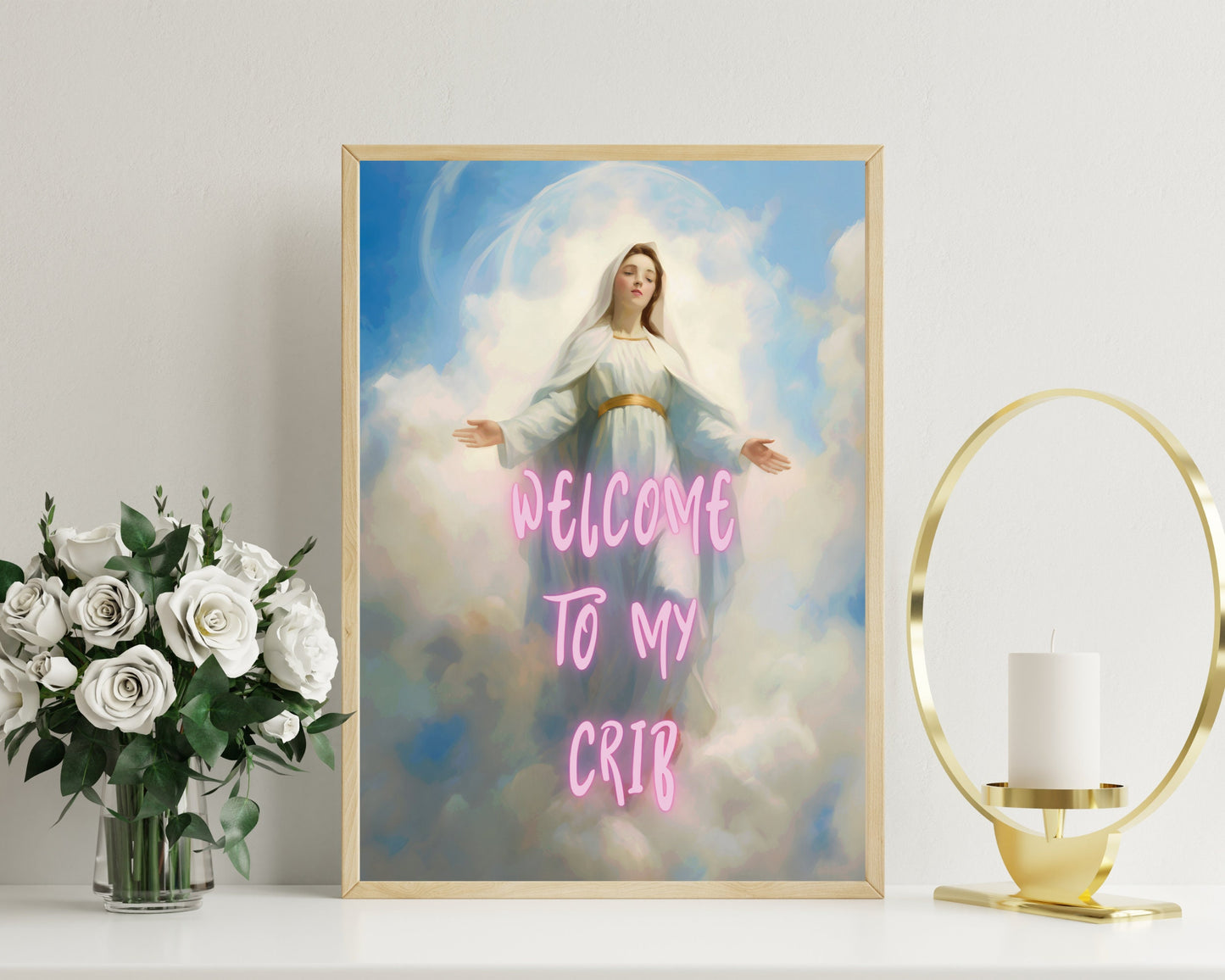 Welcome To My Crib, House Warming Gift Idea, New Home Decor,  Altered Art Print, Religious Female, Eclectic, Funky Wall Art, Quirky Poster