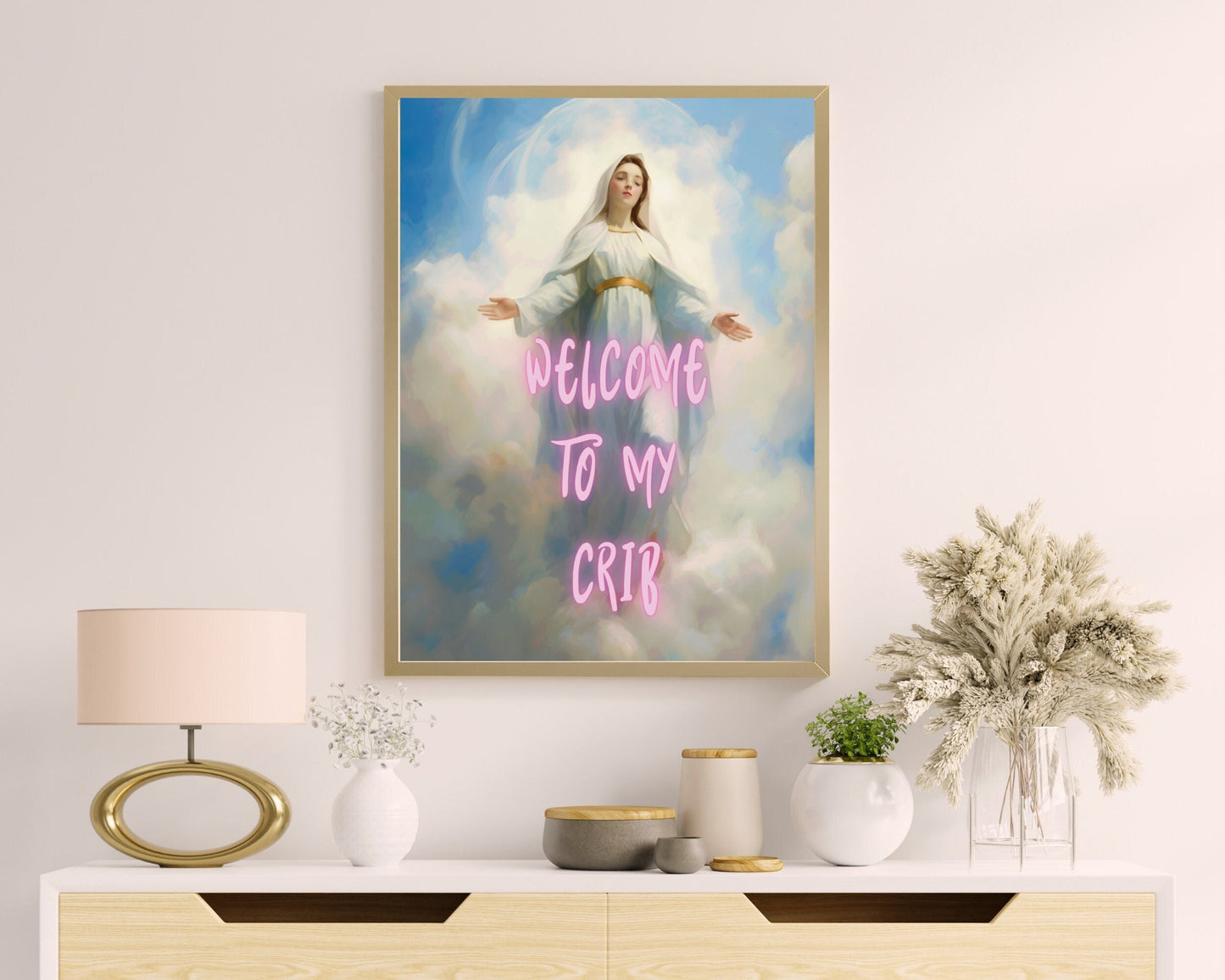 Welcome To My Crib, House Warming Gift Idea, New Home Decor,  Altered Art Print, Religious Female, Eclectic, Funky Wall Art, Quirky Poster