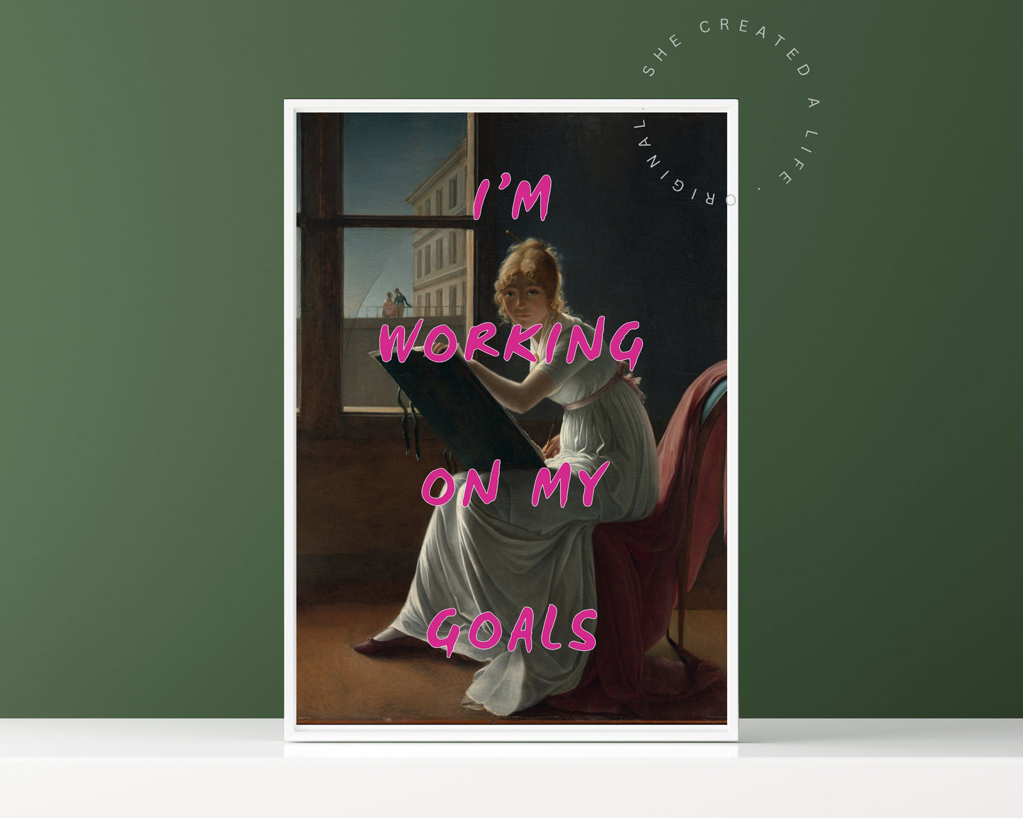 I'm Working On My Goals, Altered Art Portrait, Girly Art Print, Dopamine Decor, Quirky Wall Art, Dorm Room Print, Eclectic Poster, Hot Pink