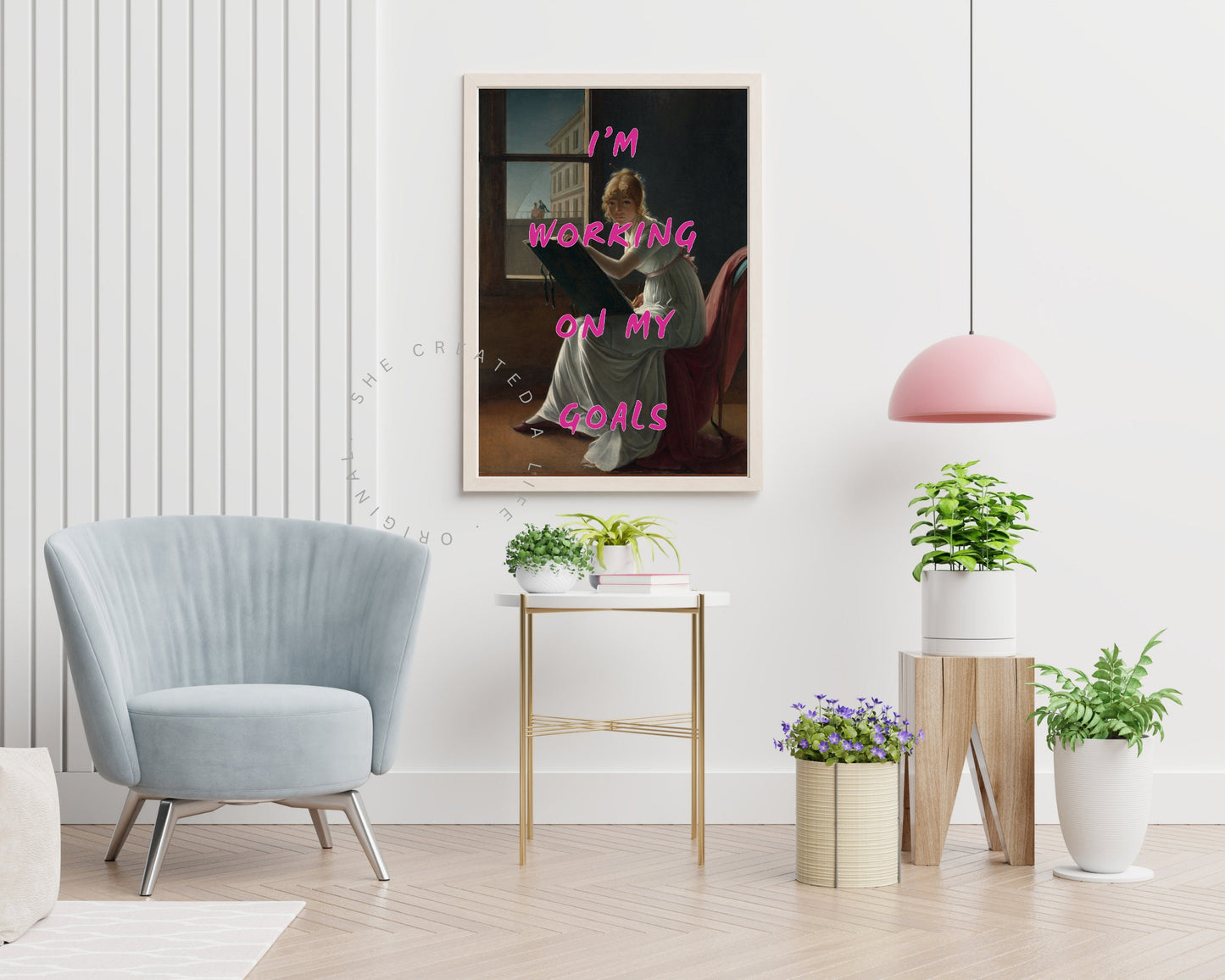 I'm Working On My Goals, Altered Art Portrait, Girly Art Print, Dopamine Decor, Quirky Wall Art, Dorm Room Print, Eclectic Poster, Hot Pink
