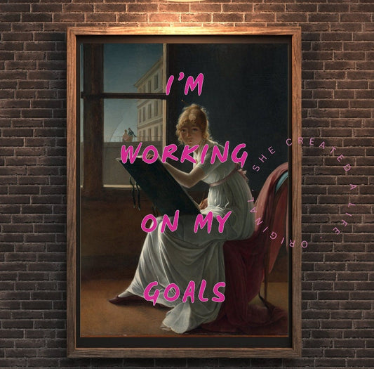 I'm Working On My Goals, Altered Art Portrait, Girly Art Print, Dopamine Decor, Quirky Wall Art, Dorm Room Print, Eclectic Poster, Hot Pink