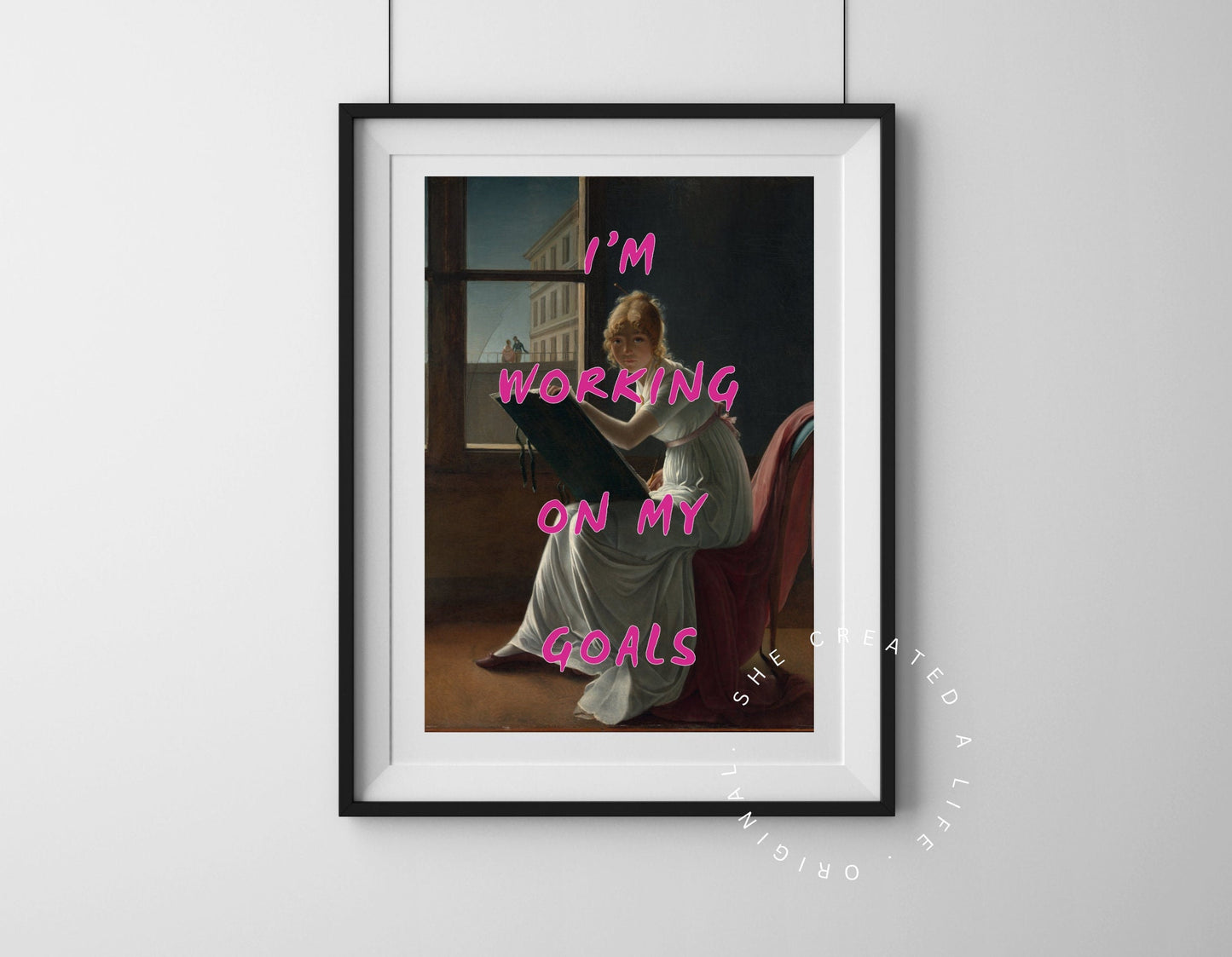 I'm Working On My Goals, Altered Art Portrait, Girly Art Print, Dopamine Decor, Quirky Wall Art, Dorm Room Print, Eclectic Poster, Hot Pink