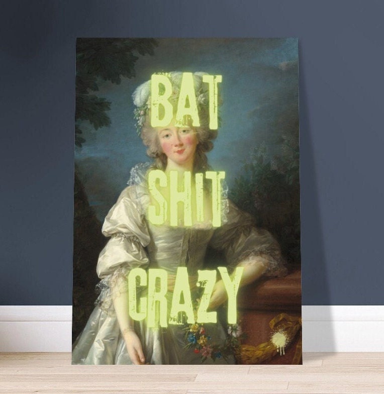 Bat Shit Crazy, Humorous Print, Swear Word Poster, Altered Art, Funny Portrait, Print, Eclectic Gift Idea, Funky Wall Art, Quirky Home Decor