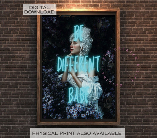 Be Different Babe, Altered Art Poster, Girl Power, Retro Quote Print, Dopamine Decor, Vintage Portrait, Funky Wall Art, Quirky Home Decor