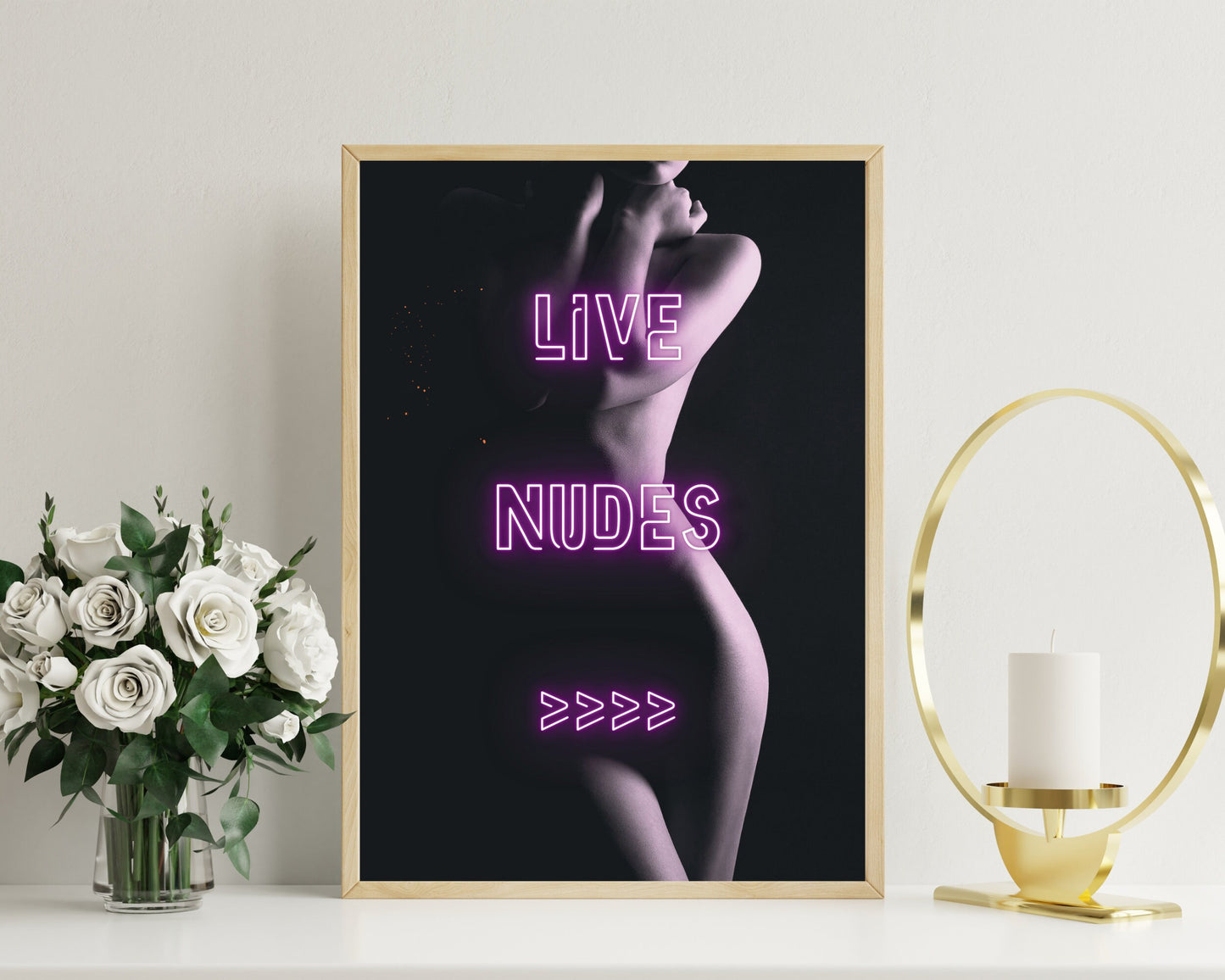 Live Nudes, Fun Sexy Female Silhouette, Neon Sign, Bar Room, Man Cave, Club Pub Print, Eclectic Gift Idea, Funky Wall Art, Quirky Home Decor