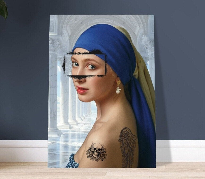 Girl With A Pearl Earring, Altered Art Print, Tattoo Girl, Colourful Collage Print, Eclectic Gift Idea, Funky Wall Art, Quirky Home Decor