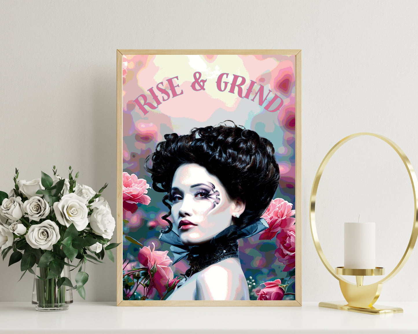Rise and Grind,  Pink Roses Tattoo, Tattooed Woman Art, Feminist Poster, Girl Power, Eclectic Gift Idea, Funky Wall Art, Quirky Home Decor