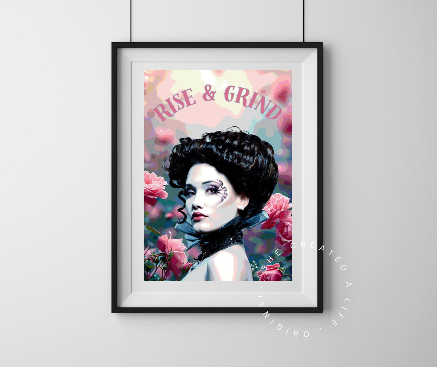 Rise and Grind,  Pink Roses Tattoo, Tattooed Woman Art, Feminist Poster, Girl Power, Eclectic Gift Idea, Funky Wall Art, Quirky Home Decor
