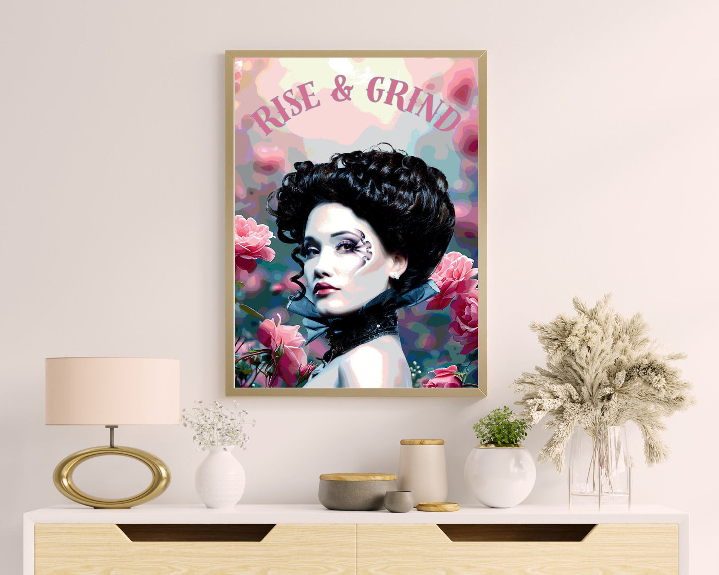 Rise and Grind,  Pink Roses Tattoo, Tattooed Woman Art, Feminist Poster, Girl Power, Eclectic Gift Idea, Funky Wall Art, Quirky Home Decor