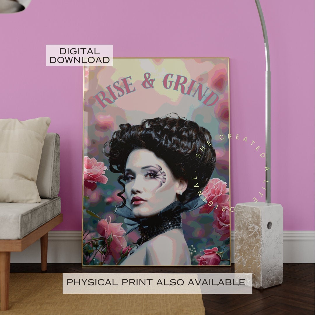 Rise and Grind,  Pink Roses Tattoo, Tattooed Woman Art, Feminist Poster, Girl Power, Eclectic Gift Idea, Funky Wall Art, Quirky Home Decor