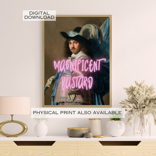 Magnificent Bastard, Altered Art Portrait, Humorous Print, Funny Poster, Swear Curse Word, Bar Cart Gift, Funky Wall Art, Quirky Home Decor