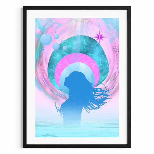 Framed wall art featuring a surreal pastel illustration with a blue silhouette of a woman in water, pink and aqua concentric rings, bubbles, and a star, shown in a black frame against a white background.