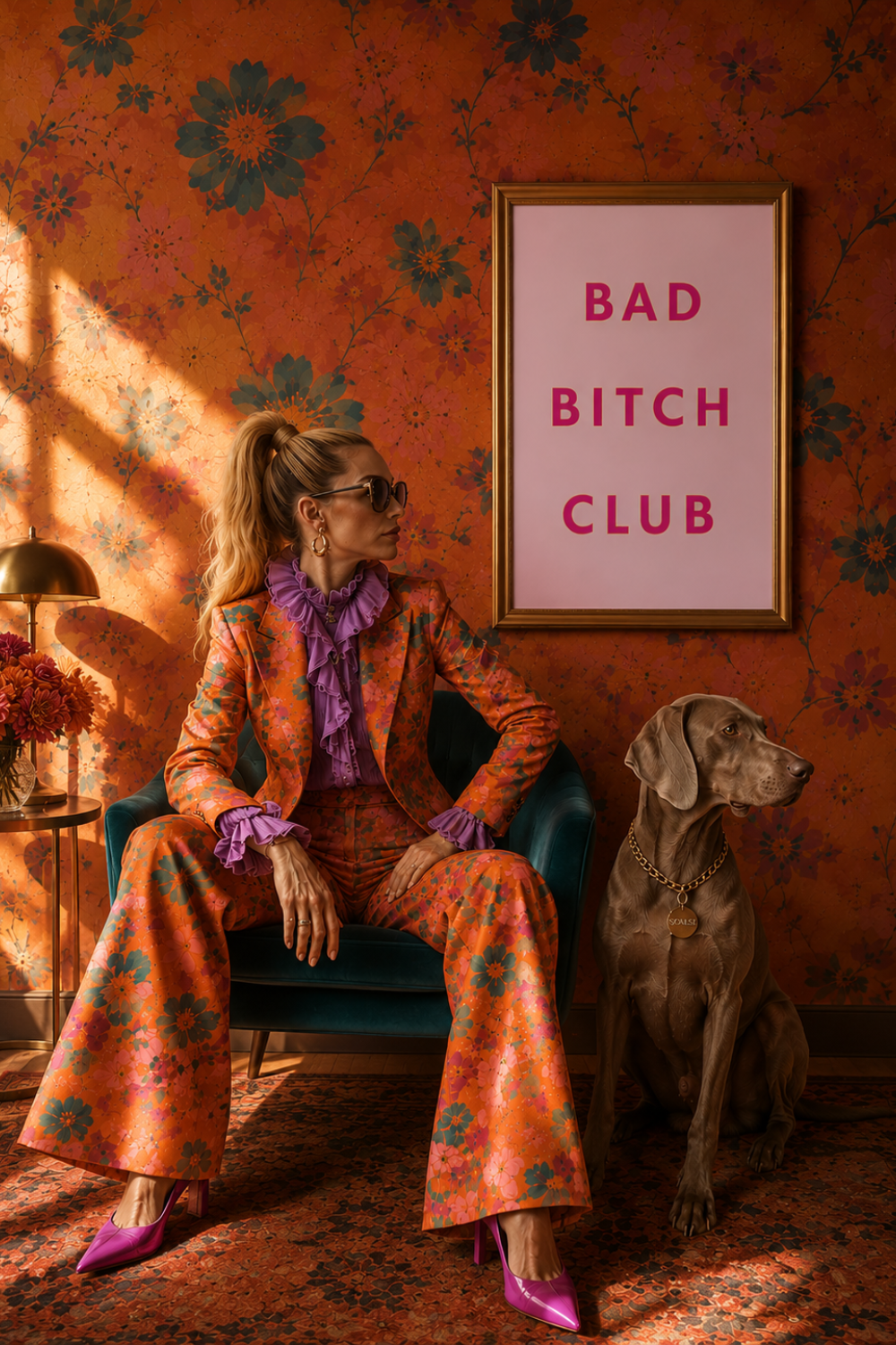 A woman wearing a vibrant orange floral blazer and matching wide-leg pants with a purple ruffled collar sits in a teal armchair next to a brown dog. The background features orange floral wallpaper and a framed sign that reads 'BAD BITCH CLUB'.