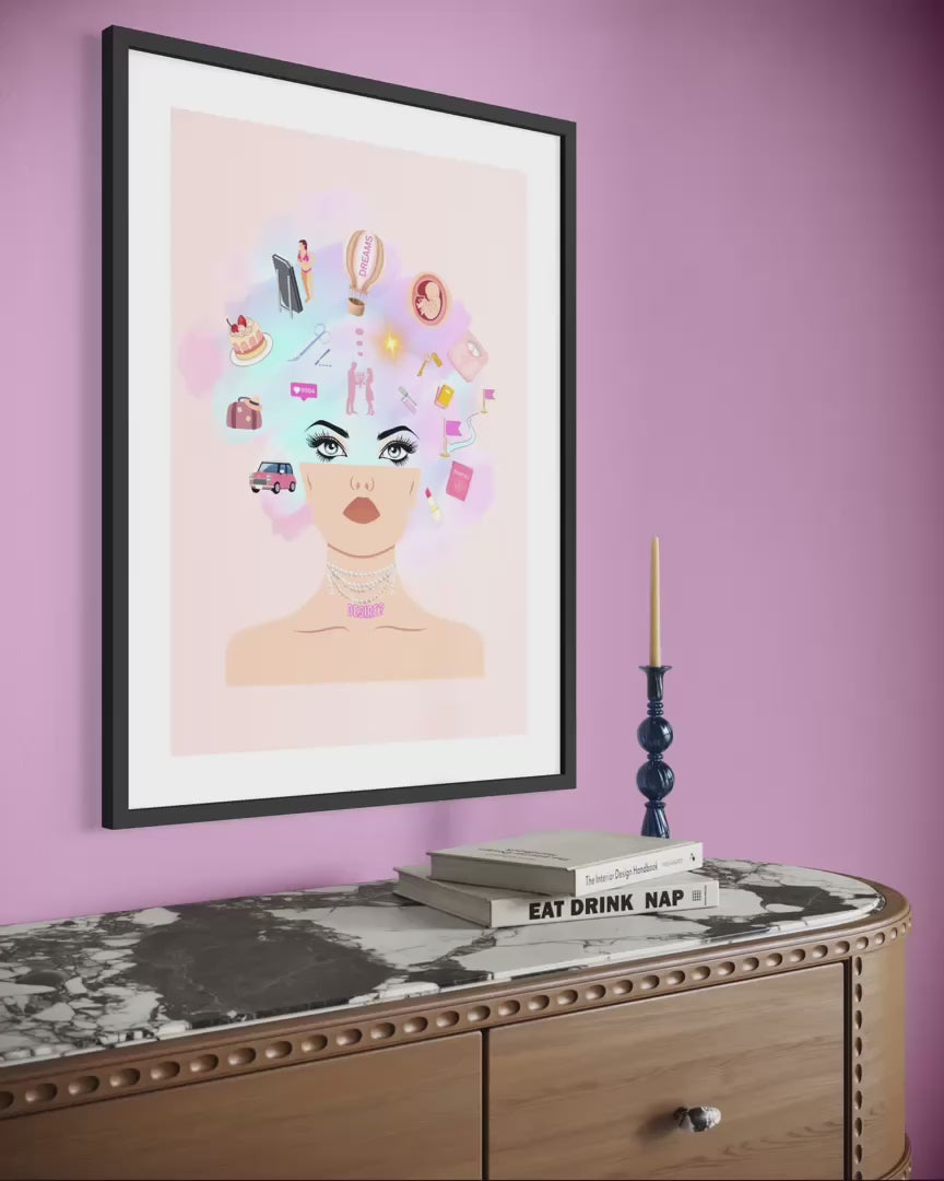 Framed limited edition art print “February — Desire?” shown in a calm  pink interior slow zoom into thoughtful presence in the space.