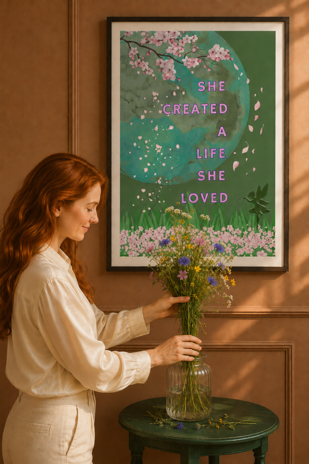 A woman with long red hair in a cream shirt stands beside a small green table, arranging wildflowers in a clear glass vase. On the wall behind her hangs a framed art print with a green background, pink blossoms, and the text 'SHE CREATED A LIFE SHE LOVED'.