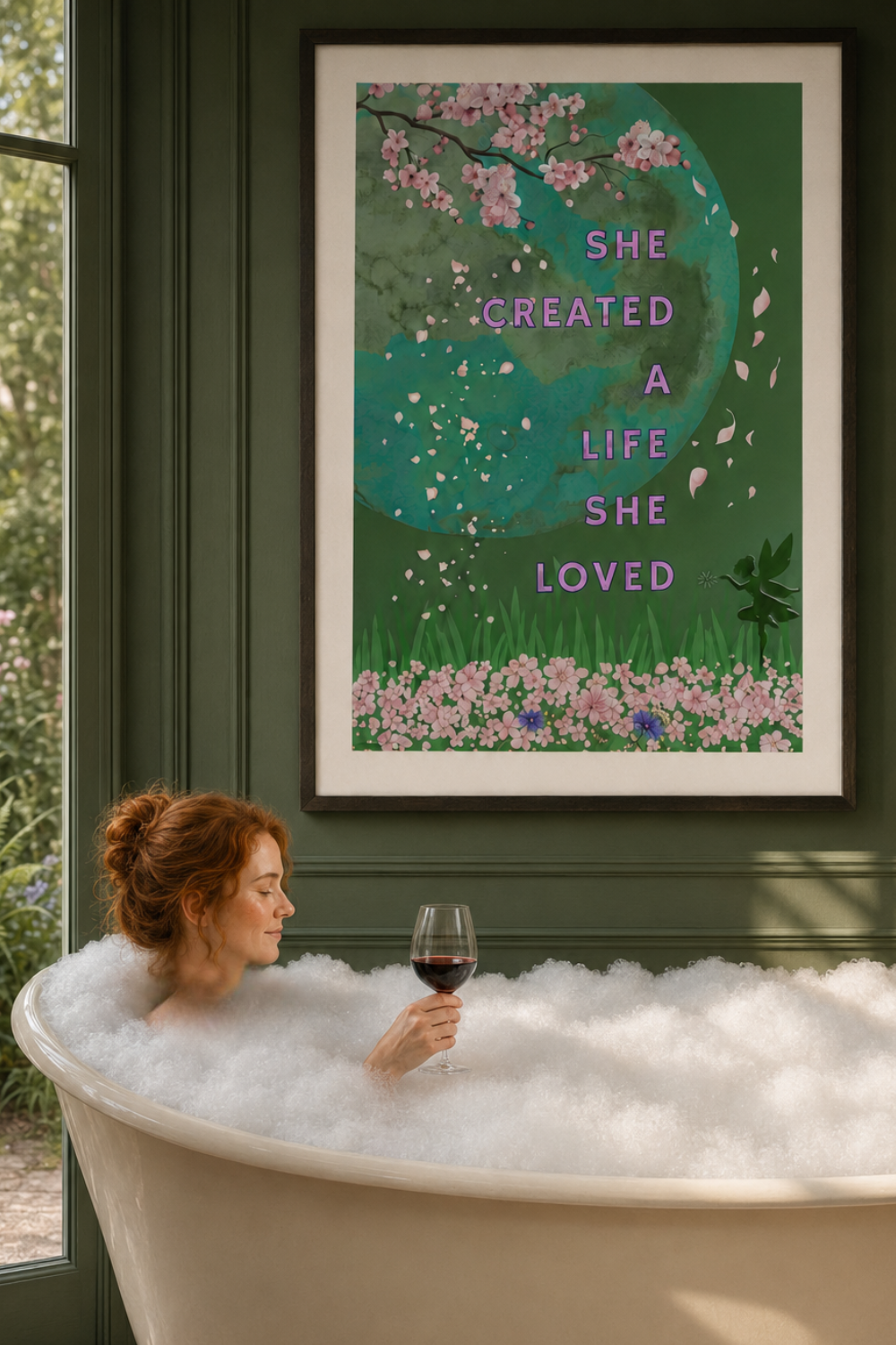 A framed art print featuring a green background with cherry blossoms, a crescent moon, and the text 'SHE CREATED A LIFE SHE LOVED' in purple, hanging on a dark green wall above a woman relaxing in a bubble bath and holding a glass of red wine.