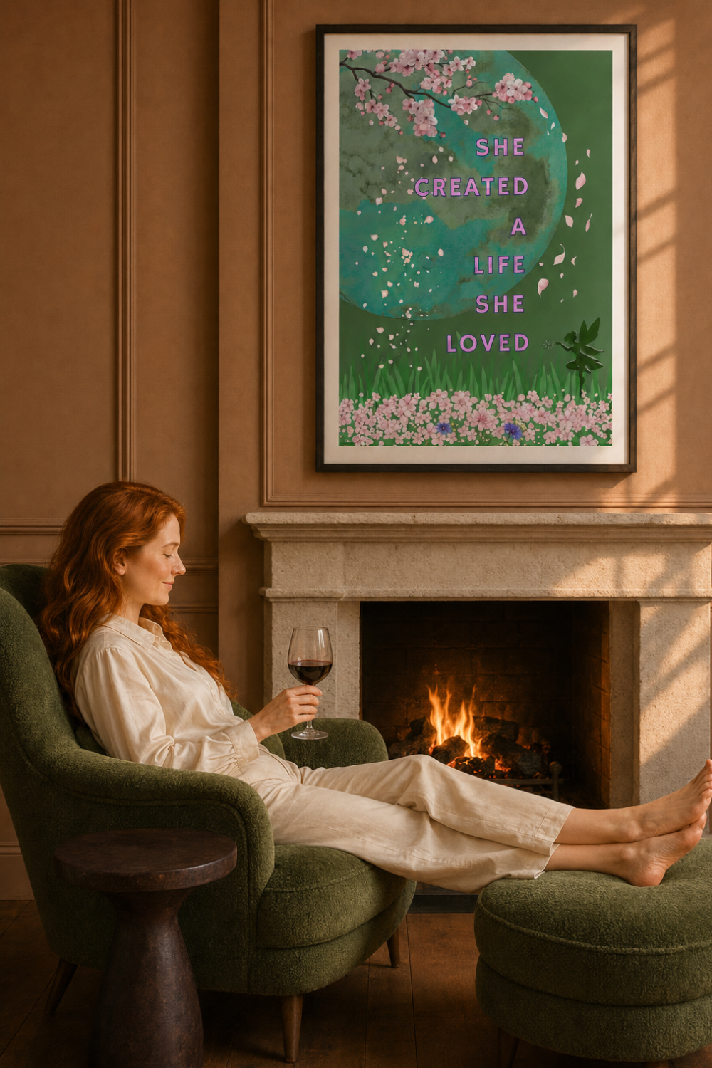 A framed art print featuring a green background with a blue globe, pink cherry blossoms, and purple text reading 'SHE CREATED A LIFE SHE LOVED', displayed above a woman sitting in a green armchair by a lit fireplace.