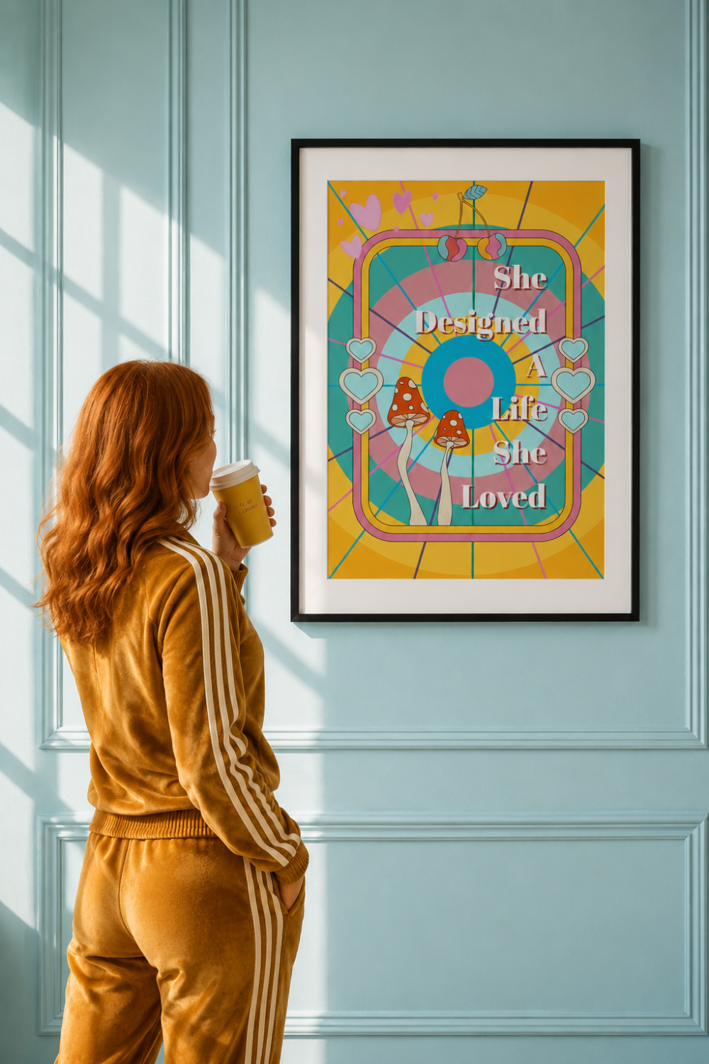 A woman in a mustard yellow tracksuit stands in profile, holding a coffee cup and looking at a framed colourful art print She designed a life she loved on a light blue panelled wall.