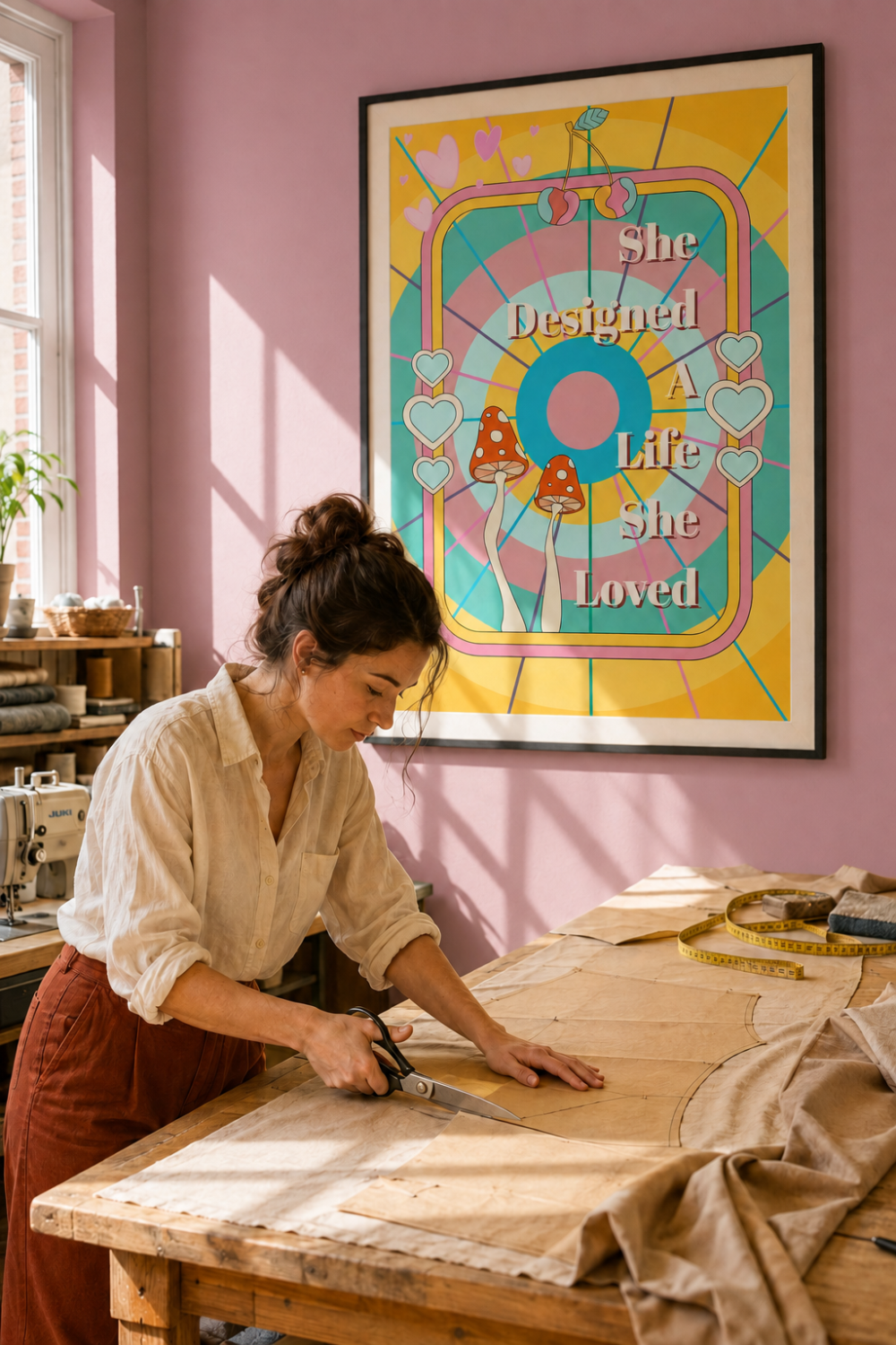 A woman in a sewing room cuts fabric on a table, with a colorful framed art print hanging on the pink wall behind her. The print reads 'She Designed A Life She Loved' with a stained-glass style design in yellow, teal, pink, and blue.