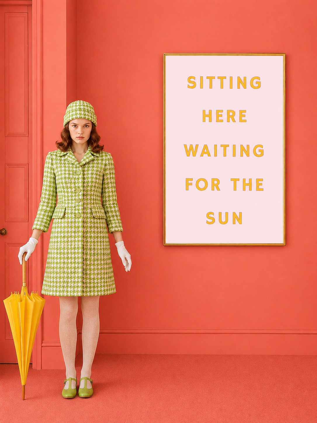 A woman stands in a coral-pink room wearing a green and white houndstooth coat and matching hat, holding a yellow umbrella. To her right is a framed typographic wall print reading 'SITTING HERE WAITING FOR THE SUN' in yellow text on a pale pink background.