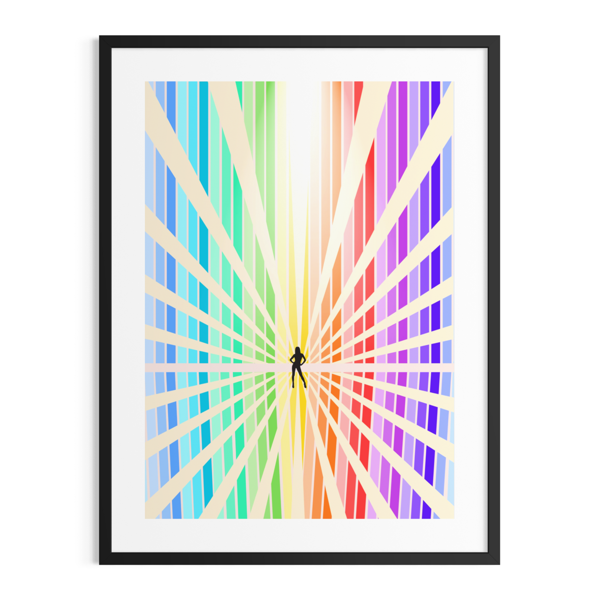 Feminist conceptual art print “Visibility” featuring a female silhouette standing at the centre of radiating rainbow lines, representing presence, identity and being seen, from A Year of Taking Up Space series