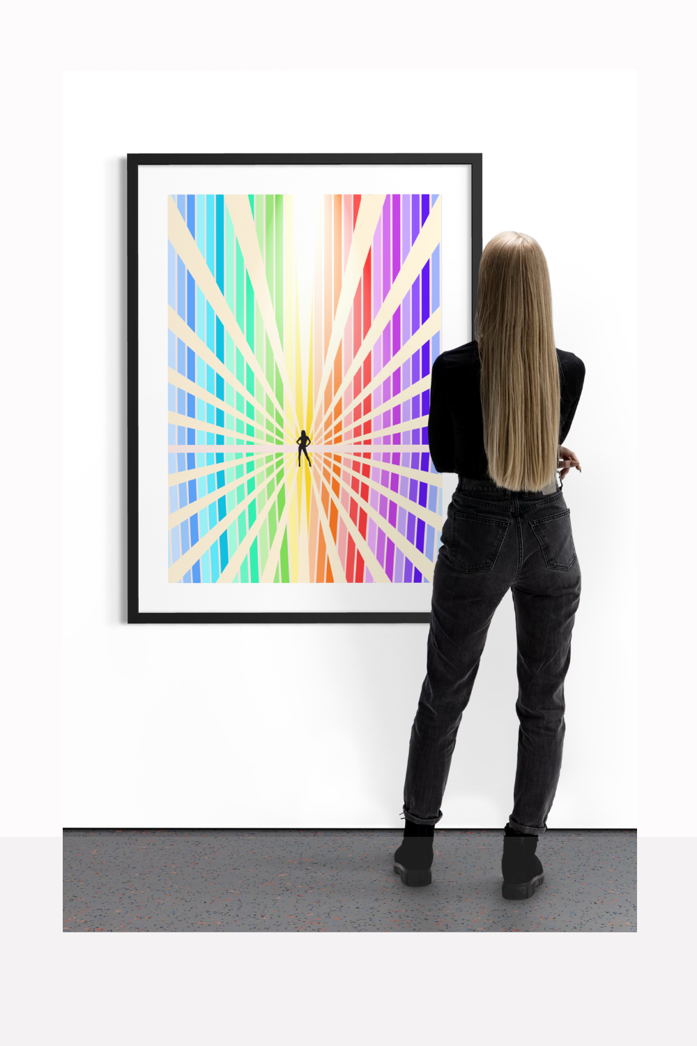 Woman standing and viewing framed Visibility art print on a white wall, contemporary conceptual artwork exploring being seen, presence and self-expression in a minimalist space
