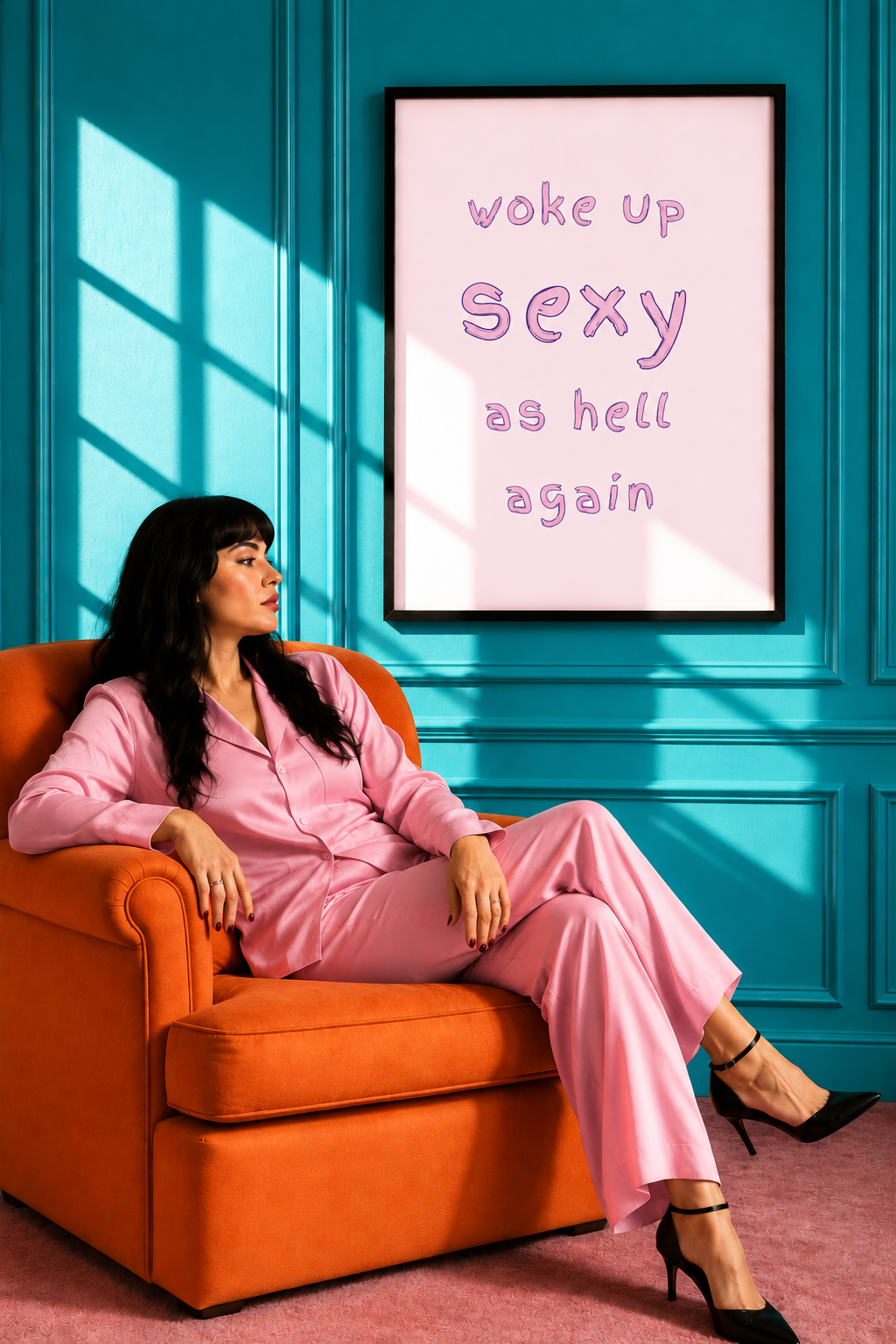 A woman in a pink pajama set sits in an orange armchair against a teal paneled wall, looking at a framed poster that reads 'woke up sexy as hell again' in pink text on a light pink background.