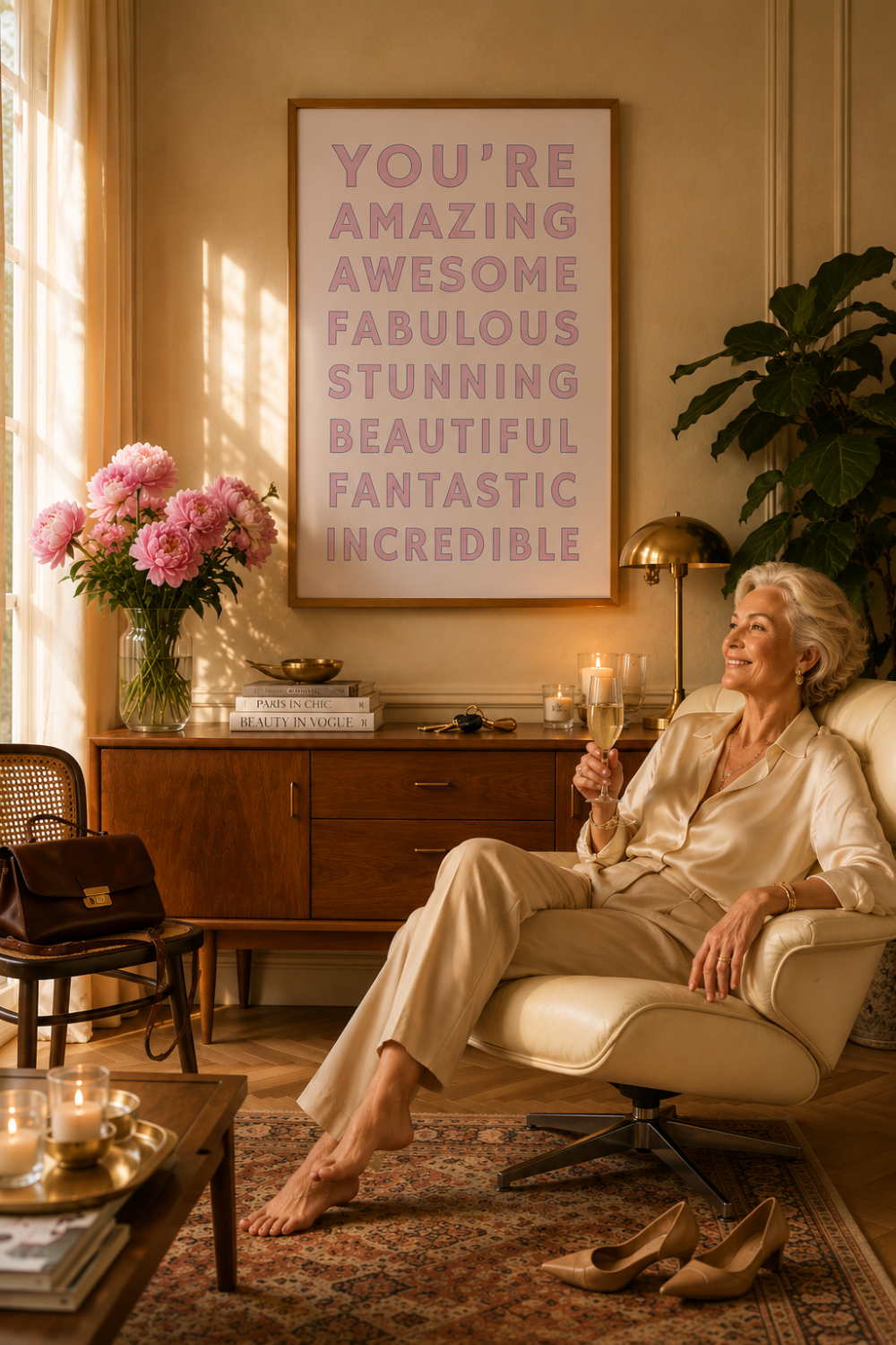 A woman relaxes in a cream leather armchair in a warm, sunlit living room, holding a glass of champagne. Above her is a framed wall art print with pink text on a light background reading 'YOU'RE AMAZING AWESOME FABULOUS STUNNING BEAUTIFUL FANTASTIC INCREIBLE'.